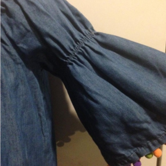 Denim Top with Colorful Pom Pom Trims - Picture 2 of 7